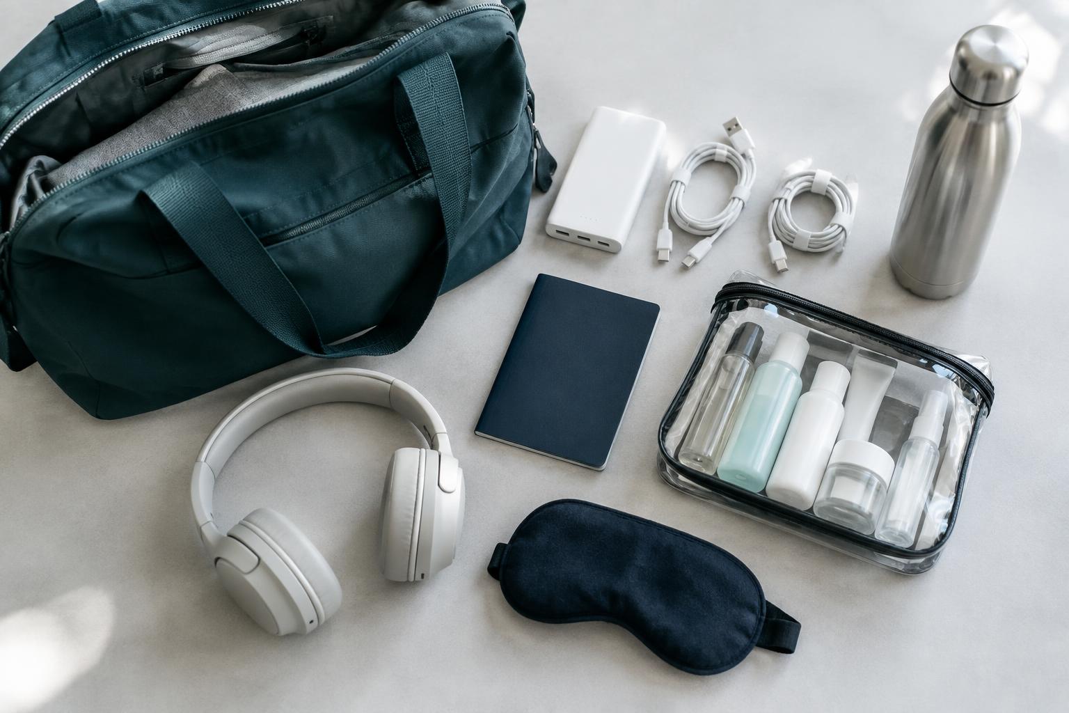 Carry-on bag beside a water bottle, charging cables, headphones, passport and toiletries